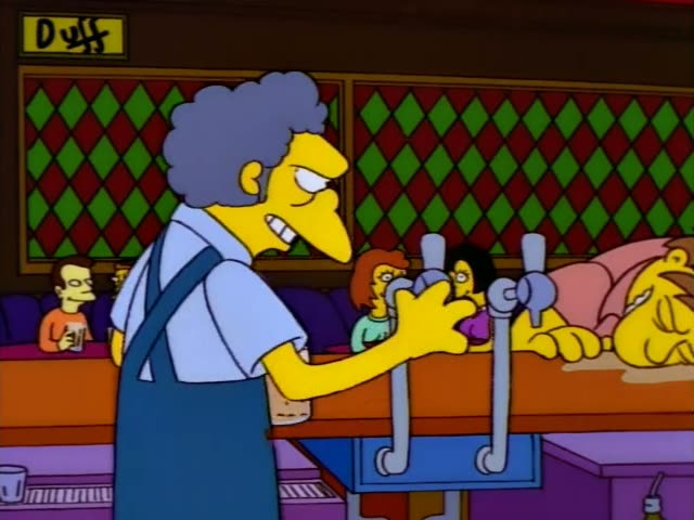 Moe pulls a frothy beer at the tap in a bar with a diamond-patterned wall and a Duff sign, while a heavy customer slumps…