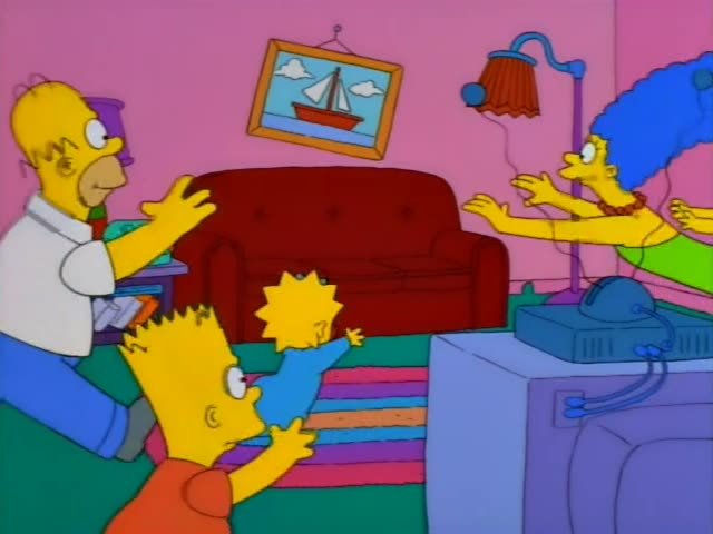 Homer gestures in a purple room with a red bed and then sits on the couch in a pink living room with Marge and the kids…