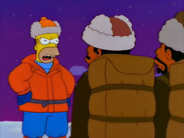 Homer Simpson stands on a snowy, starry purple night slope and angrily argues with two Sherpa-like guides in fur hats…