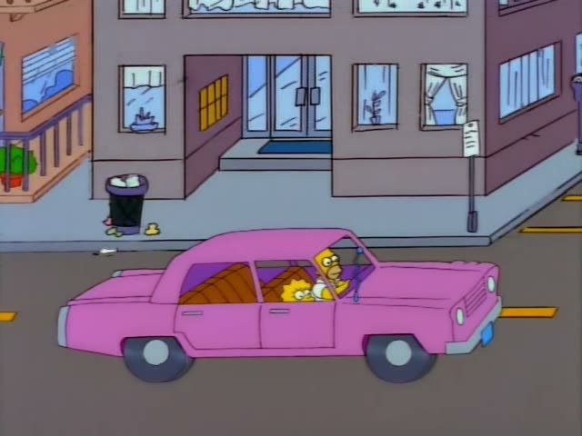 Lisa Simpson sits in the passenger seat of a pink car while Homer Simpson drives with both hands on the wheel