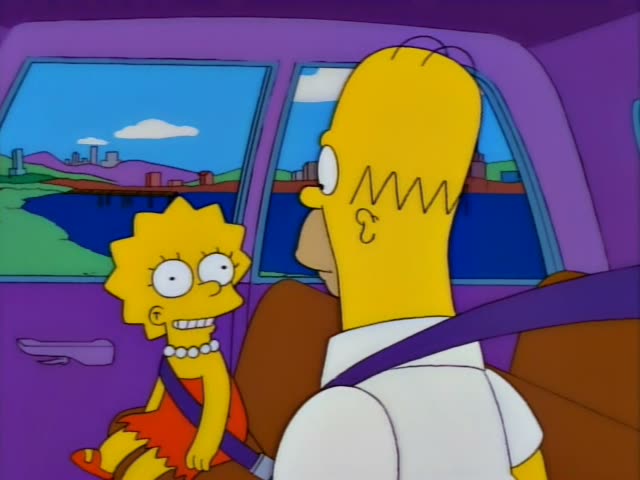 Homer sits behind the wheel of a purple car while Lisa sits in the back seat wearing a seatbelt beside him