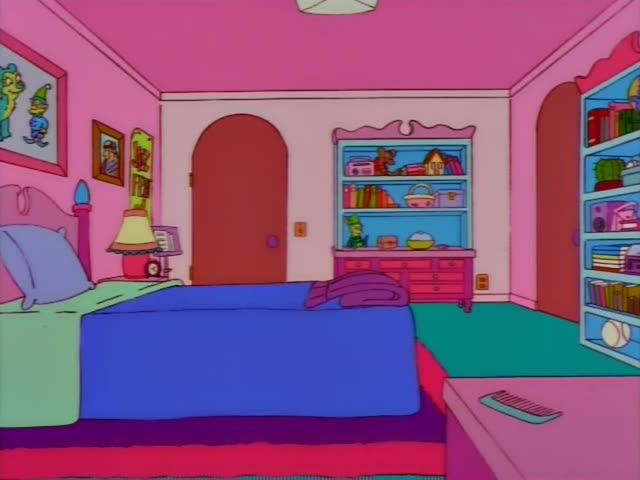 The scene stays on an empty pink bedroom with a blue bed, a lamp on a nightstand, and a framed picture of two cartoon…