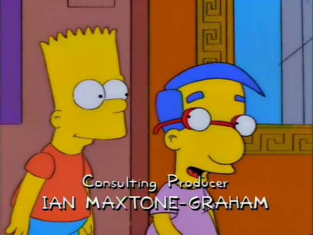 Bart Simpson and Milhouse stand side by side as they talk and walk through a school-like hallway and past a doorway