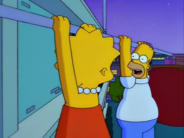 Homer and Lisa Simpson are on a building's exterior ledge at dusk, with Homer in his white shirt and blue jeans and Lisa…