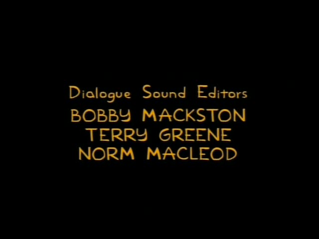 A black screen with gold credit text for The Simpsons end titles