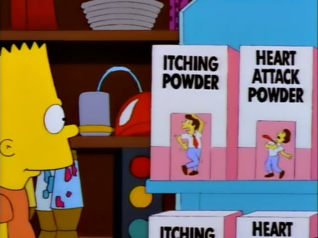 Bart and Milhouse stand together at a novelty shop shelf lined with boxes of Itching Powder, Heart Attack Powder…
