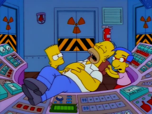 Homer lies sprawled back in a chair at the nuclear plant control console while Bart leans over him and Milhouse stands…