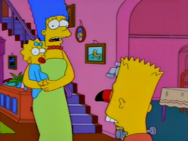Marge holds baby Maggie in a pink hallway by a staircase, while Bart in an orange shirt stands nearby with a red-and-black…