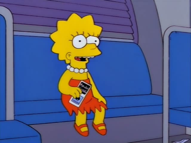 Lisa sits on a blue bus seat in her red dress and pearl necklace, holding a small handheld device, then stands and unfolds…