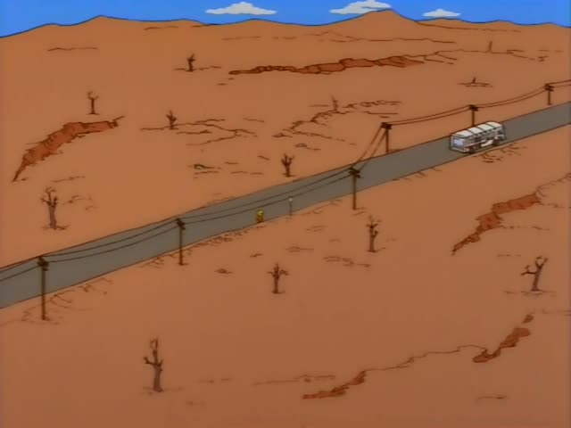 Lisa Simpson walks alone along a grey desert road lined with leaning utility poles and dead trees, with a white sign post…