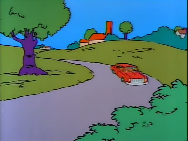 Maggie sits in a car seat gripping a steering wheel while Marge drives a pink car