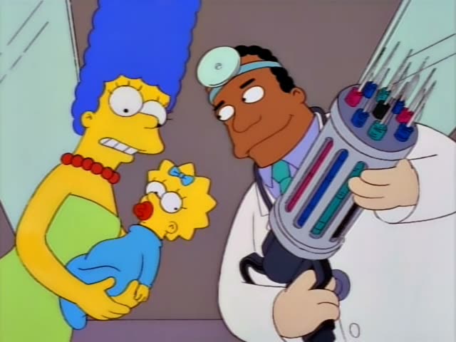 Marge holds baby Maggie in her arms, with Maggie's pacifier and blue bow visible, while a bald-headed doctor-like man…