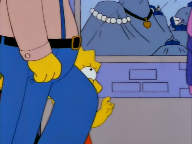 Lisa Simpson is first seen pressed among a crowd on a city sidewalk beside a woman in a pink top and a man in a pink jacket