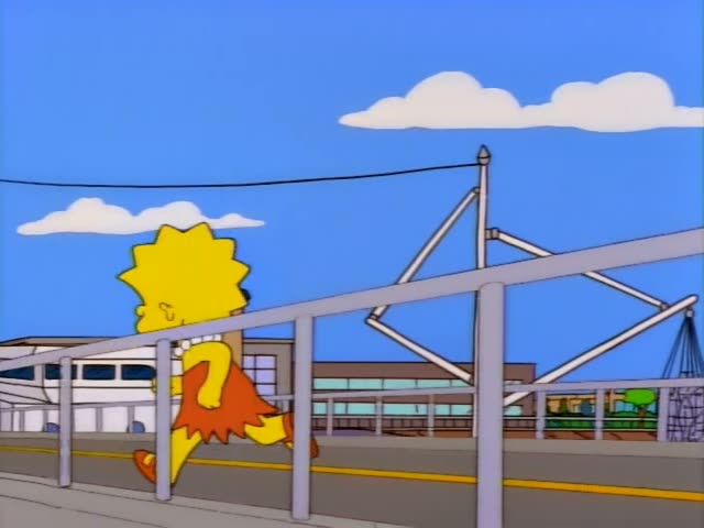 Lisa runs along a railing beside a canal toward a bridge tower, where an unnamed bridge operator in a blue cap and uniform…