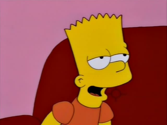 Bart sits on a red armchair against a pink wall and talks with his mouth open, eyes rolled sideways, in several expressions