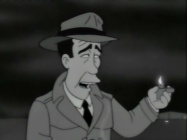 A black-and-white cartoon in a noir style shows a man in a fedora and trench coat, a woman in a wide-brimmed hat…