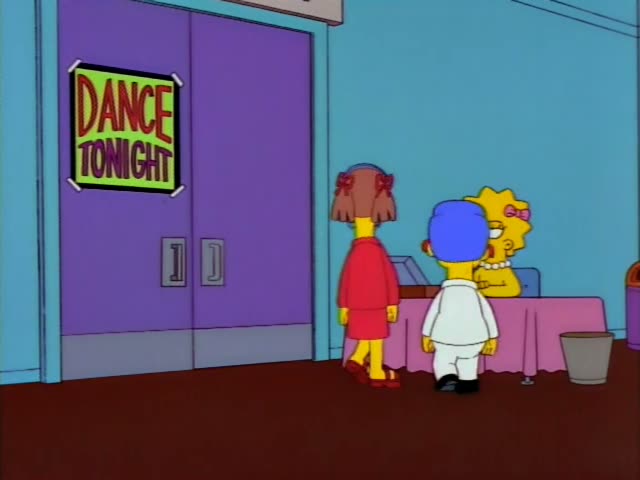 Lisa Simpson sits at a pink-draped table with a pearl necklace, a pink bow, and an open jewelry box beside a small bell…