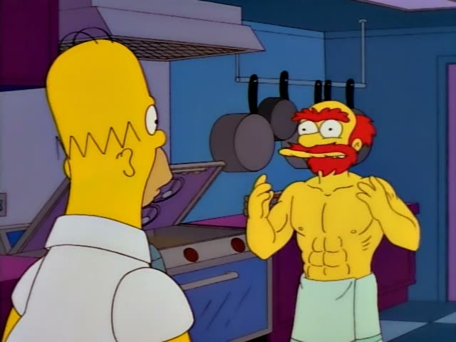 In a purple-and-blue kitchen with hanging pots and an open oven, Homer stands at left facing a shirtless, muscular man…