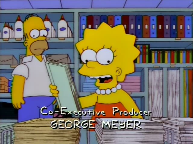 Homer and Lisa stand in a stationery store aisle lined with binders and glue bottles