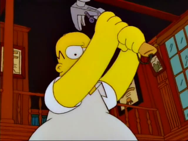 Homer stands in a wood-paneled room with red walls and framed pictures