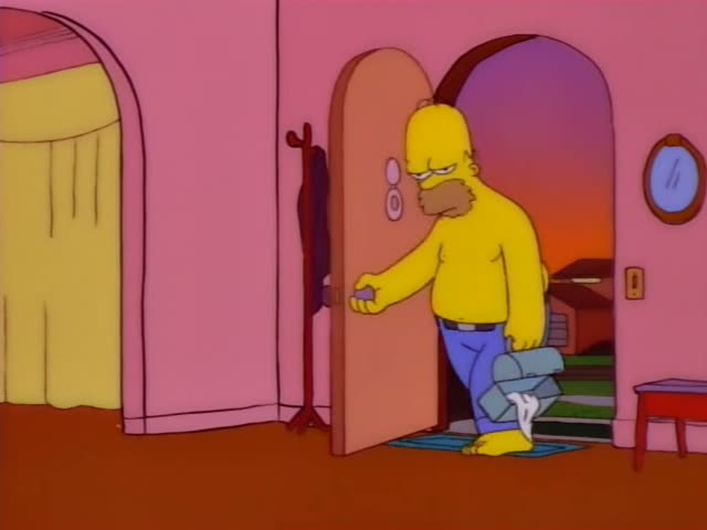 Homer enters a pink hallway through a front door while Lisa in her red dress walks beside him