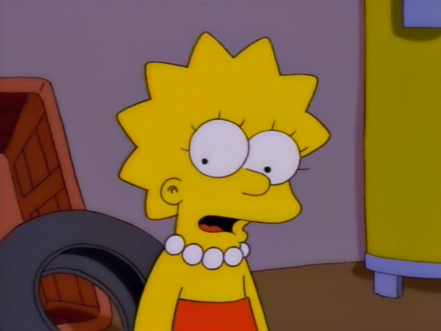Lisa Simpson and Bart Simpson stand in a basement beside a black tire and a cardboard box of books