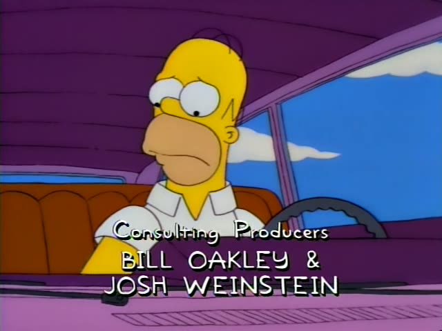 Homer sits behind the steering wheel of a purple car, first wide-eyed with a grimacing mouth, then slumping with his eyes…