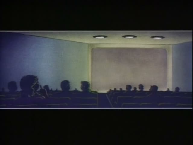 Marge sits among silhouetted audience members in a dim movie theater while the projector beam spreads across the screen