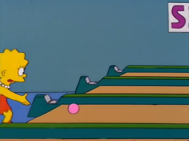 Lisa and baby Maggie are at a Skee-Ball alley, while Nelson in his blue vest and pink shirt, hair brown, grimaces and grips…