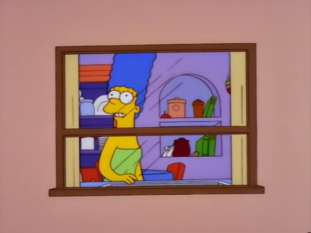 Homer and Marge stand together at a kitchen window with yellow carrot-patterned curtains, Homer holding a red soda can