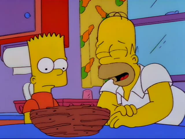 Bart and Homer are in a kitchen at a table with a brown woven basket holding two green lizard-like creatures with spiky backs