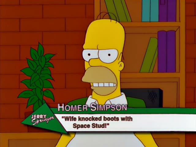 Homer Simpson sits before a brick wall, bookshelf and potted plant on a Jerry Springer-style talk show set, with a caption…