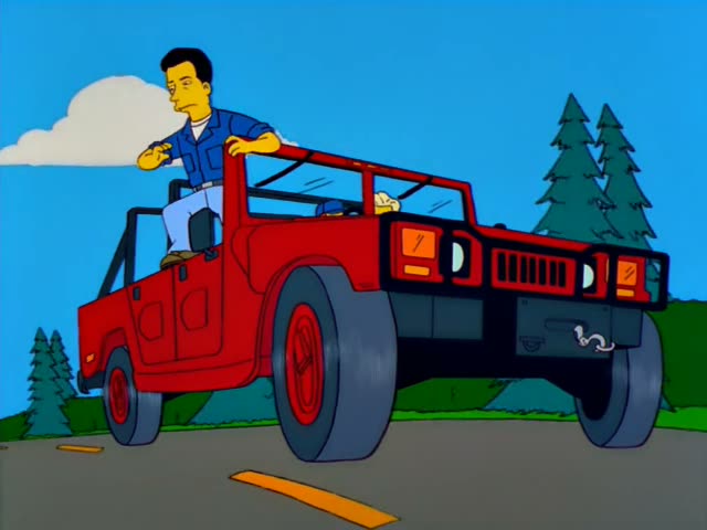 A dark-haired man in a blue jacket and jeans, who is not a regular, first drives a red open-top Hummer-style vehicle…