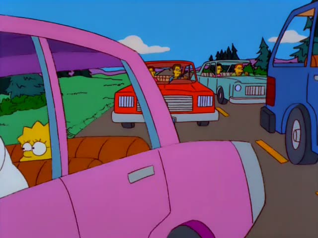 A pair of legs in blue trousers and grey shoes presses down on a teal pedal, then a pink car with Homer, Marge, Bart…