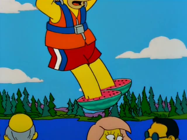 Homer rides a parasail while standing in watermelon halves hung from the ropes, and a screaming blonde woman with pink lips…
