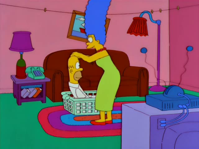 Marge Simpson lifts a laundry basket in the living room, and Homer Simpson is then pulled up onto the clothesline above it