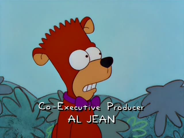 Bart stands outdoors among cartoon bushes under a pale blue sky