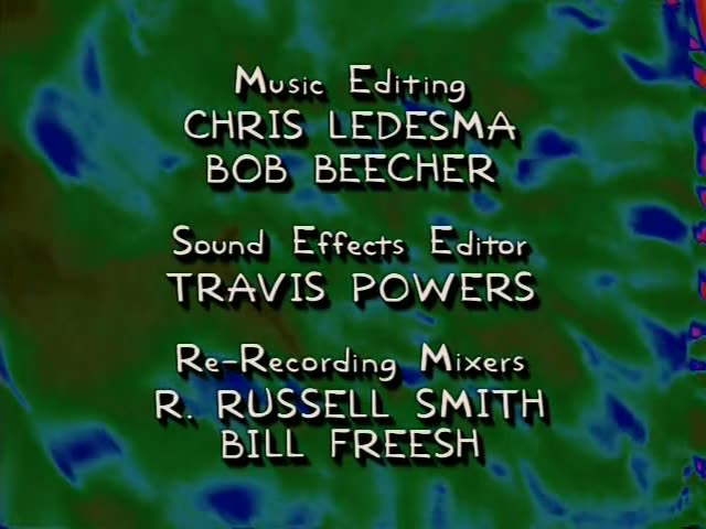 No regular characters appear in this moment; it is a run of end-credit title cards over a shifting psychedelic green, blue…