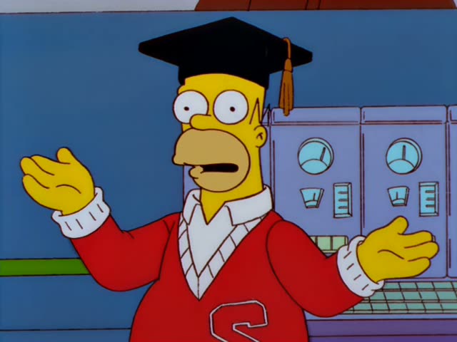 Homer stands before a wall of gauges and dials, gesturing with open hands, tapping one dial, then resting a hand on his hip…