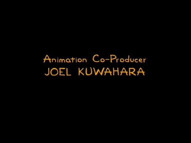 A black screen with no characters shown across the sequence of end credits in orange lettering on black