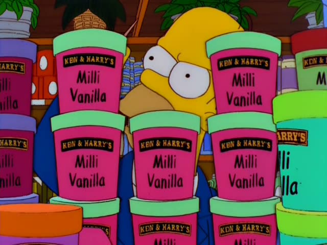 Homer and Lisa are in a grocery aisle beside glass freezers stocked with Ken & Harry's Milli Vanilla tubs