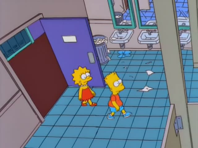 Bart and Lisa, the boy with spiky hair in an orange shirt and the girl with star-shaped hair in a red dress, move…