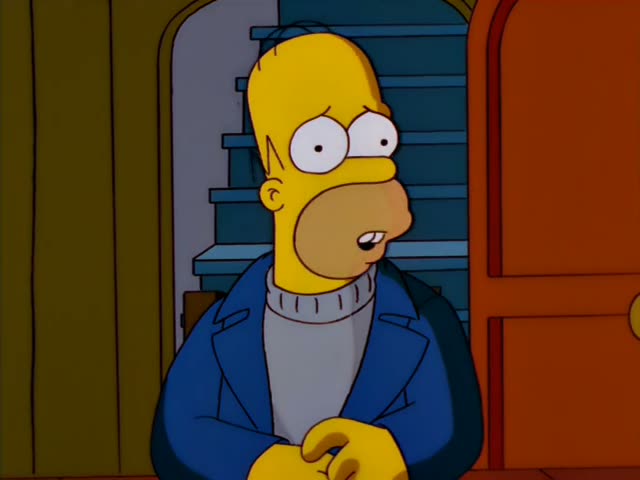 Homer sits at a table in a wood-paneled room, then is flung into the air over the curved grey hull of a ship as a row…