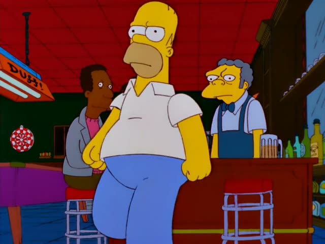 Homer stands in his white shirt and blue pants at a bar under a red ceiling and a neon Duff sign, while Carl sits on a stool…