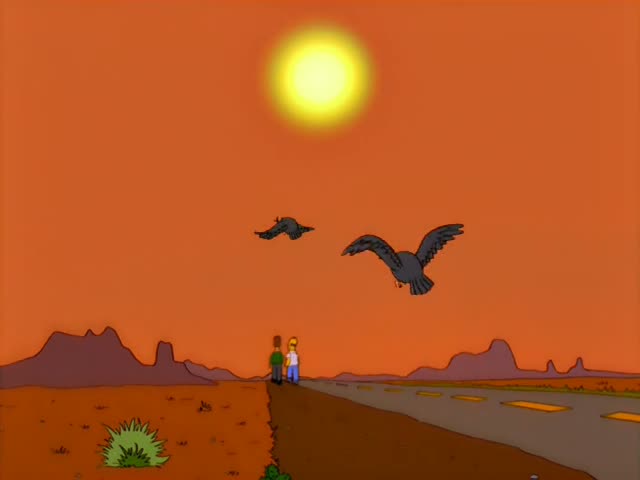 Two small figures, one in a white shirt who may be Homer and one in green, stand at the edge of a desert road…