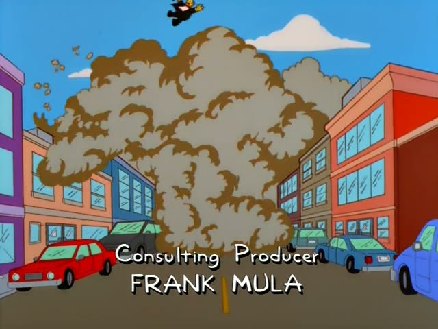 Homer, Marge, Bart and Lisa, plus Maggie in Marge's arms, flee a giant dust cloud rolling down a city street lined…