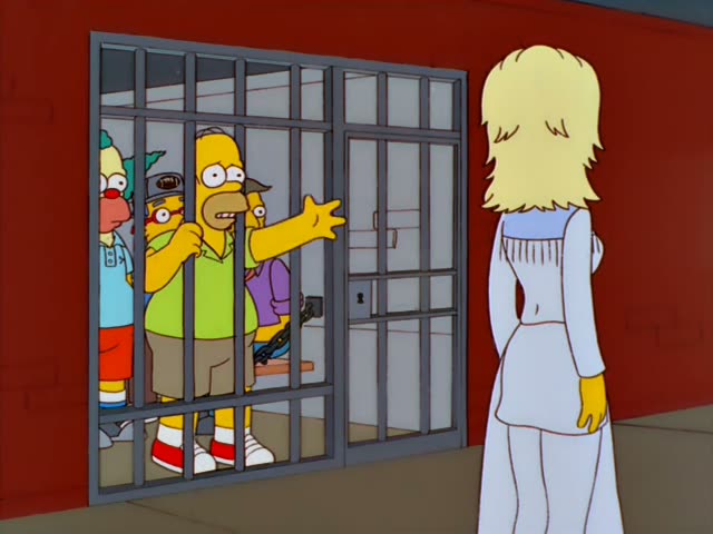 Homer grips the bars of a jail cell alongside Krusty and a balding man in a purple shirt