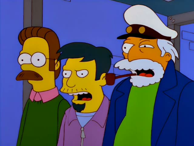 Homer in his lime-green shirt and Ned Flanders in his green sweater stand with a crowd that includes Mr. Burns and a bearded…