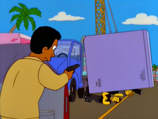 Carl peers through binoculars on a palm-lined street as a large purple block falls onto a man in black lying…