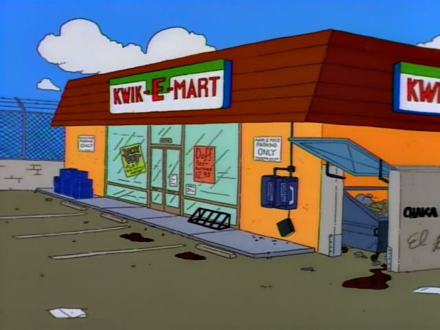 Outside the Kwik-E-Mart, a closed storefront at 8306 shows signs reading